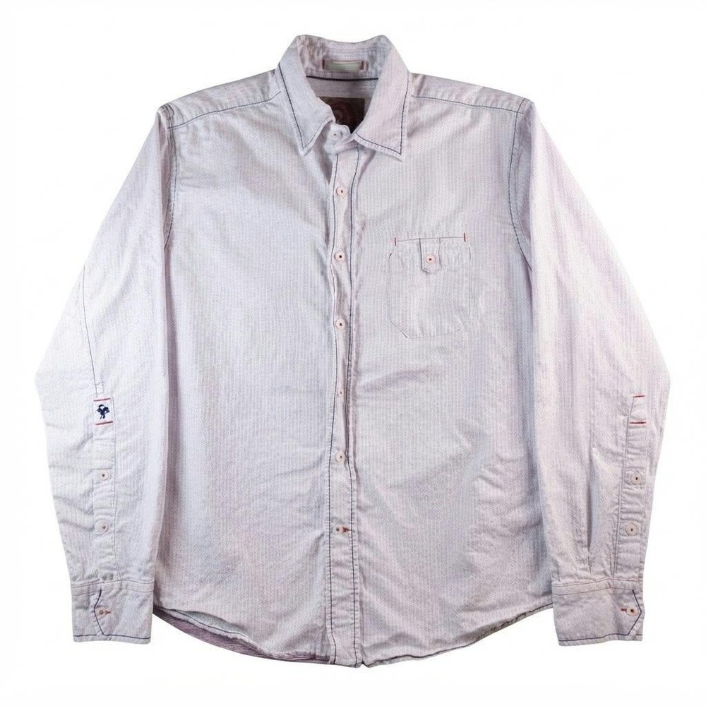 EQ Mens Long Sleeve Button Down Shirt White Micro Dot Pinstripe Rooster Logo M